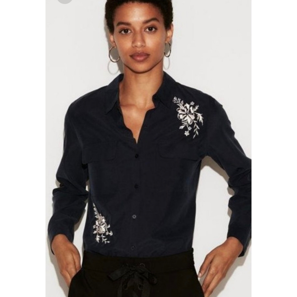 Navy Blue Button-Up Shirt with White Floral Embroidery